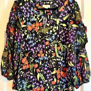 Maeve Anthropologie Jacquin Peasant Black Floral Sheer Sleeve Ruffle Blouse, M